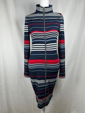 Venus Knit Striped Dress XS Blue Red White Full Zip Long Cardigan High Neck